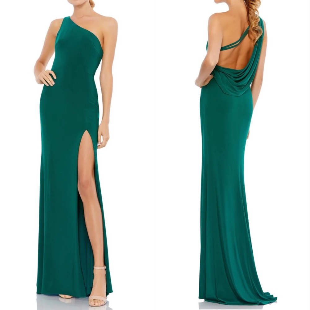 Ieena for Mac Duggal One Shoulder Jersey Gown in Emerald Green